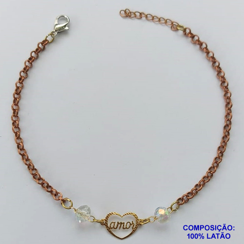 PULSEIRA NO BRUTO PRONTO PARA O BANHO (CX94)- PULSEIRA CORAÇÃO VAZADO PALAVRA AMOR - TAMANHO 18CM - PESO 2,6GR - FECHO LAGOSTA - BRU13597