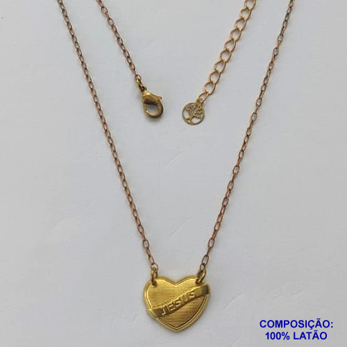GARGANTILHA NO BRUTO PRONTO PARA BANHO(CX91) - CORRENTE CADEADO 45CM + EXTENSOR COM PINGENTE CORAÇÃO COM PALAVRA JESUS - PESO: 2,7GR - BRU13609