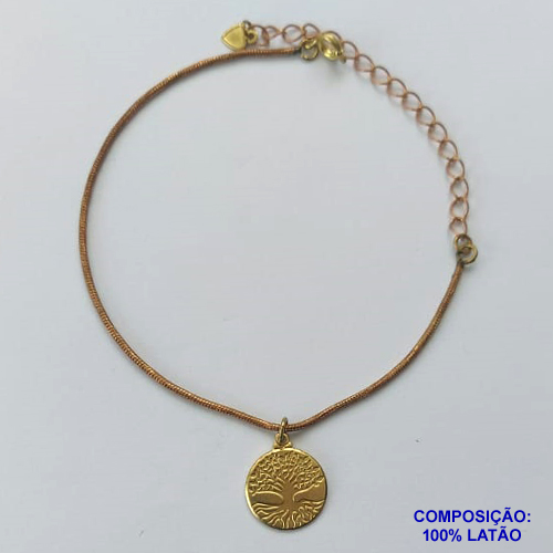 PULSEIRA NO BRUTO PRONTO PARA O BANHO(CX92)- PULSEIRA RABO DE RATO COM PINGENTE ÁRVORE DA VIDA - TAMANHO 18CM + EXTENSOR - PESO TOTAL 4.3GR - COMPOSIÇÃO: 100% LATÃO - BRU13611