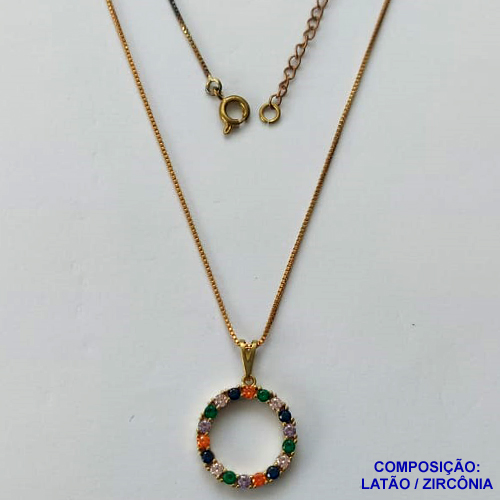 GARGANTILHA NO BRUTO PRONTO PARA BANHO(CX92) - CORRENTE VENEZIANA 45CM + EXTENSOR COM PINGENTE REDONDO VAZADO CRAVEJADO EM MICROS ZIRCÔNIAS COLORIDAS - PESO: 3,5GR - BRU13613