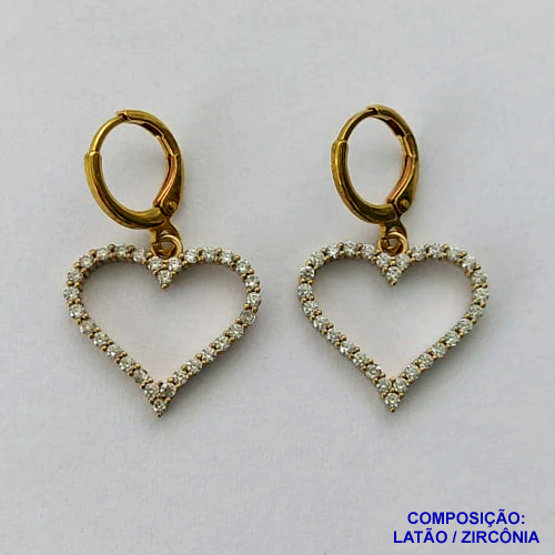 BRINCO NO BRUTO PRONTO PARA BANHO(CX94) - BRINCO AGOLINHA DE PRESSÃO (TRANQUETA) COM CORAÇÃO VAZADO CRAVEJADO EM MICROS ZIRCÔNIAS 15MM - PESO: 2,6GR - BRU13615