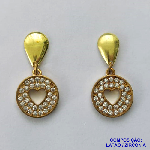 BRINCO NO BRUTO PRONTO PARA BANHO(CX94)- BRINCO DE PINO COM CORAÇÃO VAZADO CRAVEJADO EM MICROS ZIRCÔNIAS 13MM - PESO: 3,5GR - BRU13617