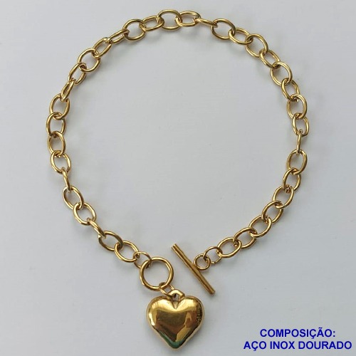 PULSEIRA EM AÇO INOXIDÁVEL DOURADA - (LB062210) LARGURA 5MM - TAMANHO: 20CM COM PINGENTE CORAÇÃO 15MM  - COMPOSIÇÃO: AÇO INOXIDÁVEL - AÇO1518