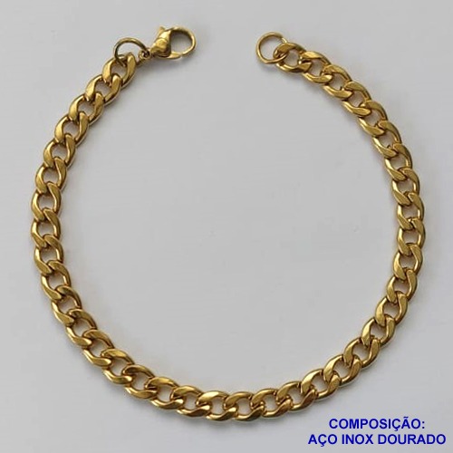 PULSEIRA EM AÇO INOXIDÁVEL DOURADA - (LB069032) LARGURA 5MM - TAMANHO: 19CM - COMPOSIÇÃO: AÇO INOXIDÁVEL - AÇO1519