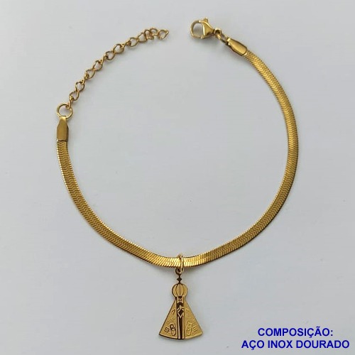 PULSEIRA EM AÇO INOXIDÁVEL DOURADA - (LB026449) -  PULSEIRA LACRAIA COM PINGENTE NOSSA SENHORA APARECIDA 10MM TAMANHO: 16CM - COMPOSIÇÃO: AÇO INOXIDÁVEL - AÇO1525