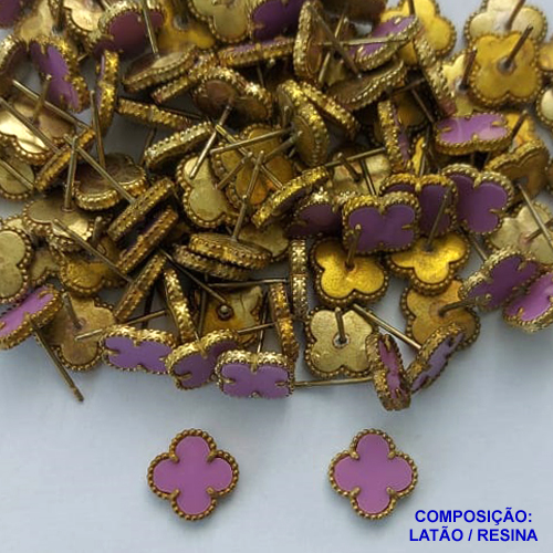 BRINCO NO BRUTO PRONTO PARA O BANHO(CX103) - BRINCO DE PINO TIPO VAN CLEEF LILÁS 10X10MM - PESO: 2,6GR - COMPOSIÇÃO LATÃO E RESINA - BRU13625