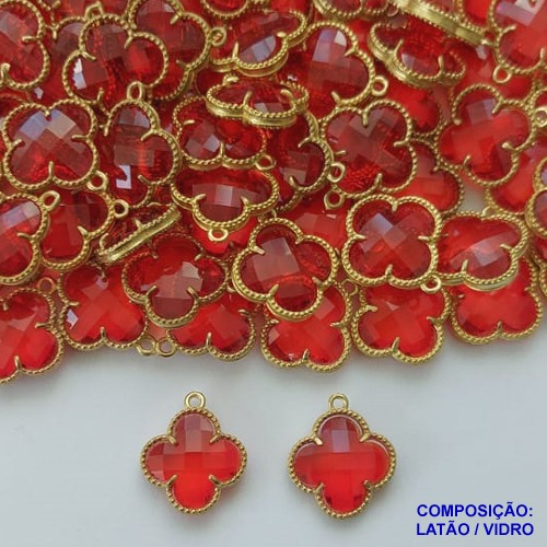 ACESSÓRIO NO BRUTO PRONTO PARA O BANHO - PINGENTE TIPO VAN CLEEF VERMELHO COM UMA ARGOLINHA - COMPOSIÇÃO: LATÃO / VIDRO - TAMANHO 12MM -  (VENDIDO POR UNIDADE) PESO TOTAL 1,3GR - BRU0002904