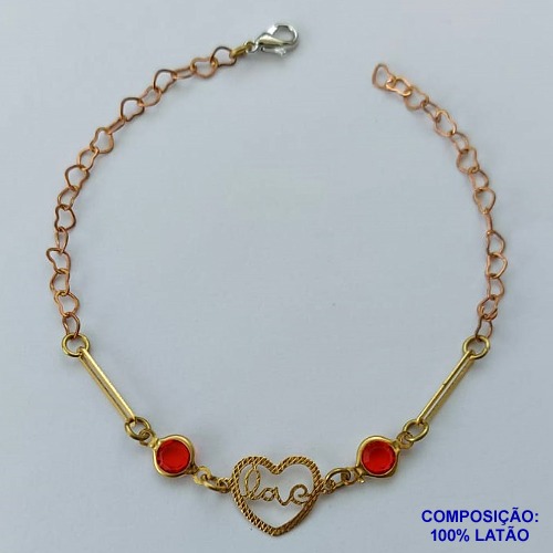 PULSEIRA PRONTO PARA O BANHO(CX96) - PULSEIRA COM CORAÇÃO LOVE E PEDRAS CRISTAIS VERMELHAS TAMANHO 19CM - PESO TOTAL 2,7GR - BRU13648