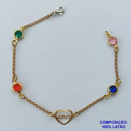PULSEIRA PRONTO PARA O BANHO(CX96) - PULSEIRA COM CORAÇÃO AMOR E PEDRAS CRISTAIS COLORIDAS  TAMANHO 19CM - PESO TOTAL 2,7GR - BRU13649