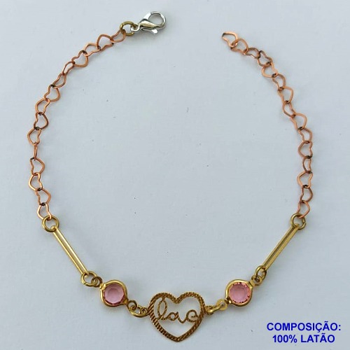 PULSEIRA PRONTO PARA O BANHO(CX96) - PULSEIRA COM CORAÇÃO LOVE E PEDRAS CRISTAIS ROSA TAMANHO 19CM - PESO TOTAL 2,1GR - BRU13651