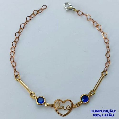 PULSEIRA PRONTO PARA O BANHO(CX96) - PULSEIRA COM CORAÇÃO LOVE E PEDRAS CRISTAIS AZUÍS TAMANHO 19CM - PESO TOTAL 2,1GR - BRU13652