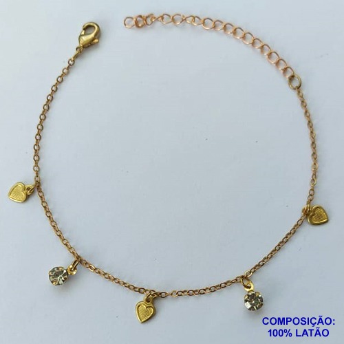 PULSEIRA PRONTO PARA O BANHO(CX96) - PULSEIRA COM STRASS E CORAÇÕES + EXTENSOR TAMANHO 17CM - PESO TOTAL 3,2GR - BRU13657