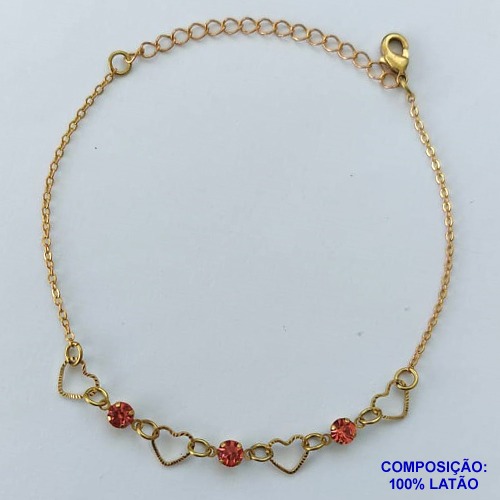 PULSEIRA PRONTO PARA O BANHO(CX96) - PULSEIRA COM CORAÇÕES E STRASS ROSA + EXTENSOR TAMANHO 17CM - PESO TOTAL 2,1GR - BRU13660