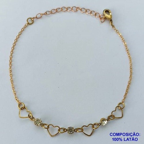 PULSEIRA PRONTO PARA O BANHO(CX96) - PULSEIRA CORAÇÕES VAZADOS E STRASS + EXTENSOR TAMANHO 18CM - PESO TOTAL 1,7GR - BRU13664