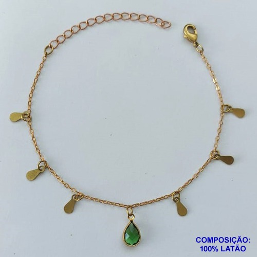 PULSEIRA PRONTO PARA O BANHO(CX96) - PULSEIRA COM PEDRA CRISTAL VERDE FORMATO GOTA  + EXTENSOR TAMANHO 16CM - PESO TOTAL 1,7GR - BRU13666