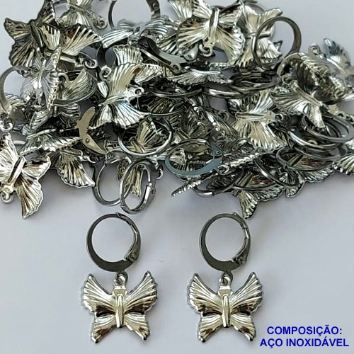BRINCO EM AÇO INOXIDÁVEL(CX96) -  BRINCO TRANQUETA (ARGOLINHA DE PRESSÃO) EM AÇO INOXIDÁVEL PINGENTE BORBOLETA 14MM - (AÇO1593)