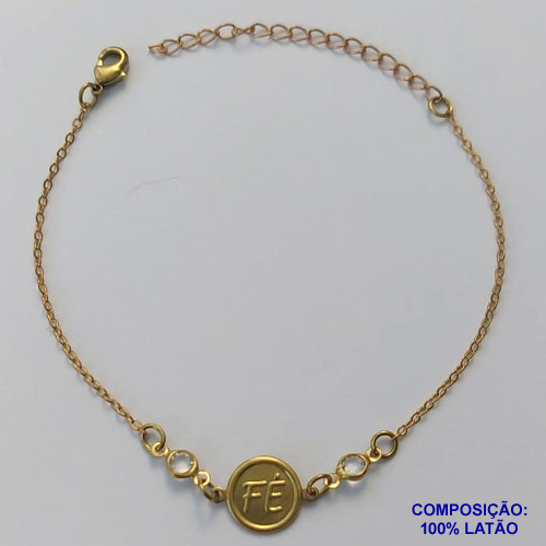 PULSEIRA PRONTA PARA O BANHO - (CX.50) PULSEIRA COM STRASS E PINGENTE REDONDO FÉ - TAMANHO 16CM + EXTENSOR - PESO TOTAL 1,7GR - BRU13668