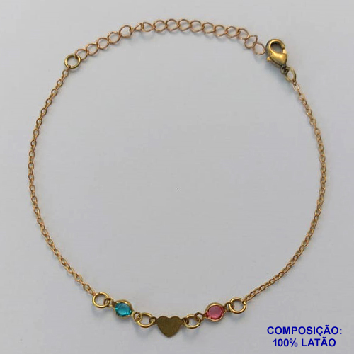 PULSEIRA PRONTA PARA O BANHO(CX103) - PULSEIRA COM STRASS COLORIDOS E PINGENTE CORAÇÃO - TAMANHO 16CM + EXTENSOR - PESO TOTAL 1,7GR - BRU13670