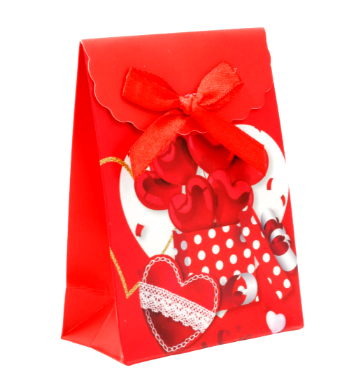 SACOLA EMBALAGEM DE PRESENTE JOIAS COM VELCRO E LACINHO - VERMELHO COM ROSA E CORAÇÕES - TAMANHO: 7,5x10,5x4CM - (VENDIDO POR UNIDADE) - BRU0002908