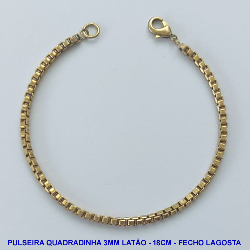 PULSEIRA NO BRUTO PRONTA PARA O BANHO - PULSEIRA EM LATÃO QUADRADINHA - COMPRIMENTO: 18CM - LARGURA 3MM - FECHO LAGOSTA - PESO 6,7GR - COMPOSIÇÃO: 100% LATÃO -  BRU13673