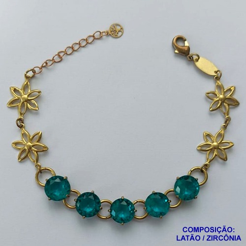 PULSEIRA NO BRUTO PRONTO PARA O BANHO(CX95) FLOR C/ PÉTALAS VAZADAS 15MM COM CINCO ZIRCÔNIA VERDE  BASE EM ''ALTA FUSÃO''  DE 10X10MM - PESO 9.8GR - TAMANHO 19CM -  BRU13679