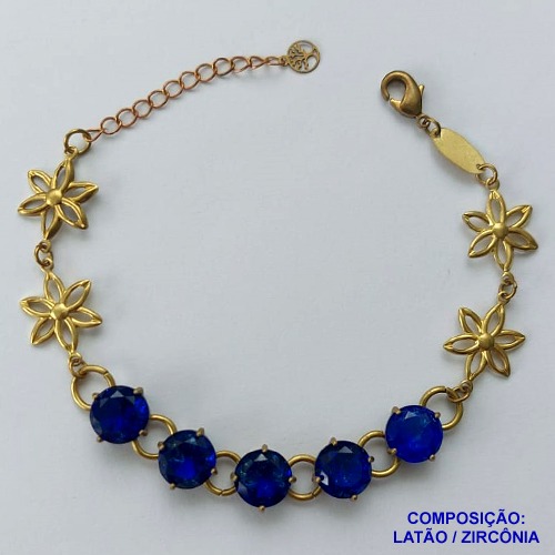 PULSEIRA NO BRUTO PRONTO PARA O BANHO(CX95)  FLOR C/ PÉTALAS VAZADAS 15MM COM CINCO ZIRCÔNIA AZUL  BASE EM ''ALTA FUSÃO''  DE 10X10MM - PESO 9.8GR - TAMANHO 19CM -  BRU13680