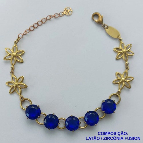 PULSEIRA NO BRUTO PRONTO PARA O BANHO(CX95)  FLOR C/ PÉTALAS VAZADAS 15MM COM CINCO ZIRCÔNIA AZUL FUSION BASE EM ''ALTA FUSÃO''  DE 10X10MM - PESO 9.8GR - TAMANHO 19CM -  BRU13681