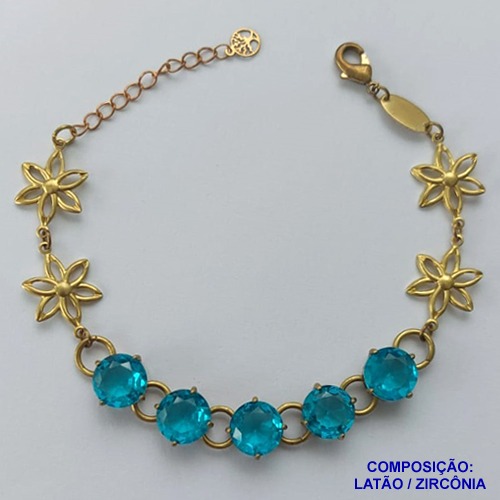 PULSEIRA NO BRUTO PRONTO PARA O BANHO(CX95) FLOR C/ PÉTALAS VAZADAS 15MM COM CINCO ZIRCÔNIA AZUL CLARO BASE EM ''ALTA FUSÃO''  DE 10X10MM - PESO 9.8GR - TAMANHO 19CM -  BRU13682