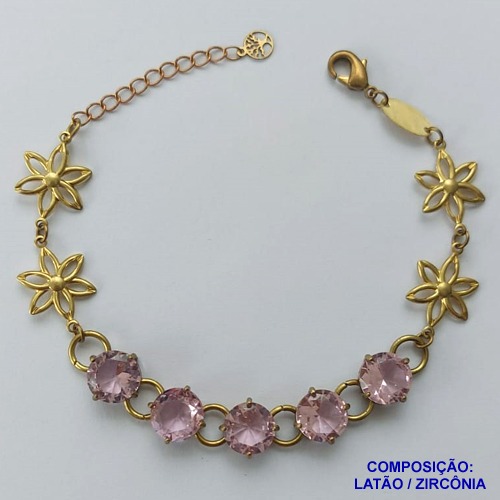 PULSEIRA NO BRUTO PRONTO PARA O BANHO(CX95)  FLOR C/ PÉTALAS VAZADAS 15MM COM CINCO ZIRCÔNIA ROSA BASE EM ''ALTA FUSÃO''  DE 10X10MM - PESO 9.8GR - TAMANHO 19CM -  BRU13683