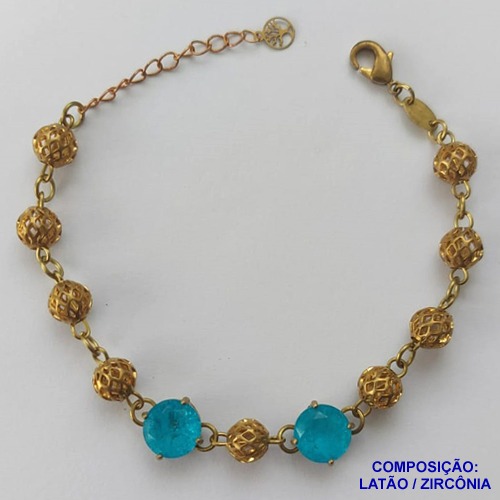 PULSEIRA NO BRUTO PRONTO PARA BANHO(CX95) COM DUAS ZIRCÔNIA AZUL 10X10MM COM BASE EM ('' ALTA FUSÃO '') TAMNHO 18CM+EXTENSOR E BOLAS DE LATÃO DE 8MM -  BRU13685