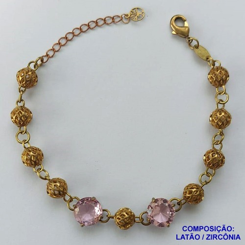 PULSEIRA NO BRUTO PRONTO PARA BANHO COM DUAS ZIRCÔNIA ROSA 10X10MM COM BASE EM ('' ALTA FUSÃO '') TAMNHO 18CM+EXTENSOR E BOLAS DE LATÃO DE 8MM -  BRU13686