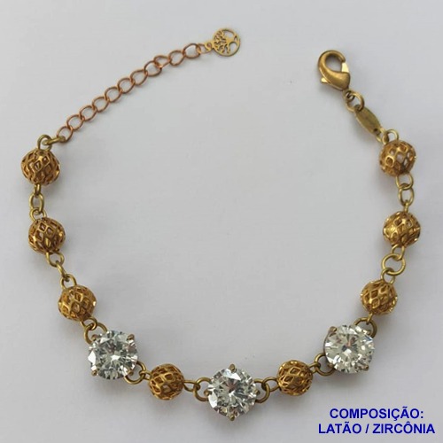 PULSEIRA NO BRUTO PRONTO PARA BANHO(CX95) COM TRÊS ZIRCÔNIAS CRISTAIS 10X10MM COM BASE EM ('' ALTA FUSÃO '') TAMNHO 18CM+EXTENSOR E BOLAS DE LATÃO DE 8MM - BRU13689