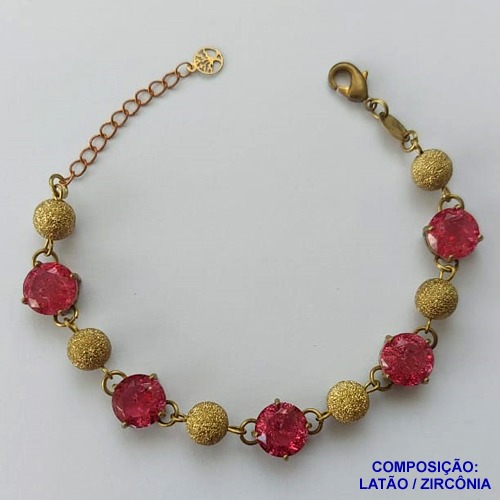 PULSEIRA NO BRUTO PRONTO PARA O BANHO(CX95)  COM CINCO PEDRA DE ZIRCÔNIA ROSA 10X10MM COM BASE EM (''ALTA FUSÃO'') COM CONTAS DE 8MM  DIAMANTADA TODA EM LATÃO - TAM.18CM+EXTENSOR  (9.9GR) BRU13694