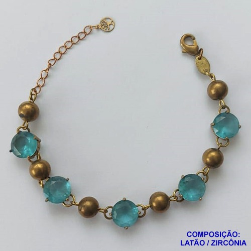 PULSEIRA NO BRUTO PRONTO PARA O BANHO(CX95)  COM CINCO PEDRA DE ZIRCÔNIAS AZUÍS 10X10MM COM BASE EM (''ALTA FUSÃO'') COM BOLINHAS DE 8MM LISAS TODA EM LATÃO - TAM.18CM+EXTENSOR  (9.9GR) BRU13695