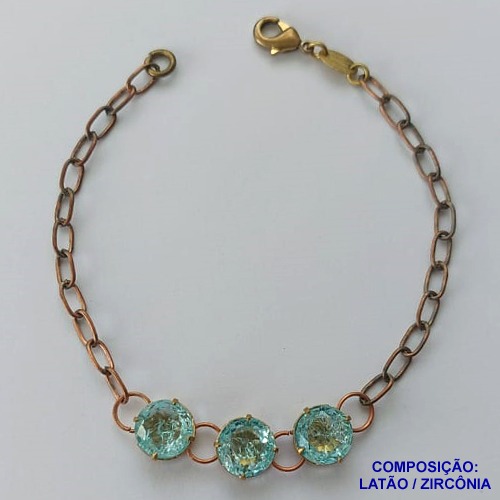 PULSEIRA NO BRUTO PRONTO PARA O BANHO(CX95) COM CORRENTE E FECHO LAGOSTA - TRÊS PEDRAS  DE ZIRCÔNIAS AZUÍS 10X10MM -PESO TOTAL 6,3GR BRU13697