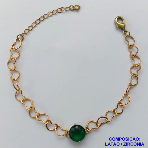 PULSEIRA NO BRUTO PRONTO PARA BANHO - PULSEIRA COM CORRENTE CORAÇÃO 6MM E PINGENTE EM ZIRCÔNIA VERDE 10MM COM BASE EM ALTA FUSÃO - TAMANHO: 18CM + EXTENSOR - PESO: 4,2GR -  BRU13713