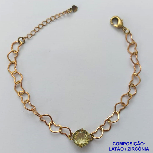 PULSEIRA NO BRUTO PRONTO PARA BANHO - PULSEIRA COM CORRENTE CORAÇÃO 6MM E PINGENTE EM ZIRCÔNIA AMARELA 10MM COM BASE EM ALTA FUSÃO - TAMANHO: 18CM + EXTENSOR - PESO: 4,2GR -  BRU13714