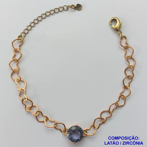 PULSEIRA NO BRUTO PRONTO PARA BANHO - PULSEIRA COM CORRENTE CORAÇÃO 6MM E PINGENTE EM ZIRCÔNIA ROXA 10MM COM BASE EM ALTA FUSÃO - TAMANHO: 18CM + EXTENSOR - PESO: 4,2GR -  BRU13721