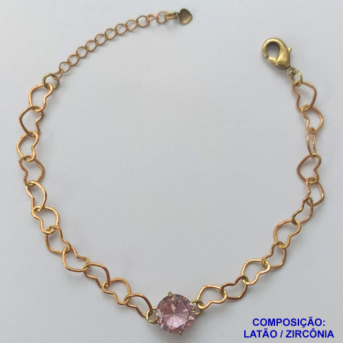 PULSEIRA NO BRUTO PRONTO PARA BANHO - PULSEIRA COM CORRENTE CORAÇÃO 6MM E PINGENTE EM ZIRCÔNIA ROSA 10MM COM BASE EM ALTA FUSÃO - TAMANHO: 18CM + EXTENSOR - PESO: 4,2GR -  BRU13715