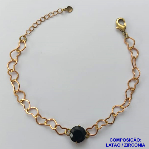 PULSEIRA NO BRUTO PRONTO PARA BANHO - PULSEIRA COM CORRENTE CORAÇÃO 6MM E PINGENTE EM ZIRCÔNIA PRETA 10MM COM BASE EM ALTA FUSÃO - TAMANHO: 18CM + EXTENSOR - PESO: 4,2GR -  BRU13716