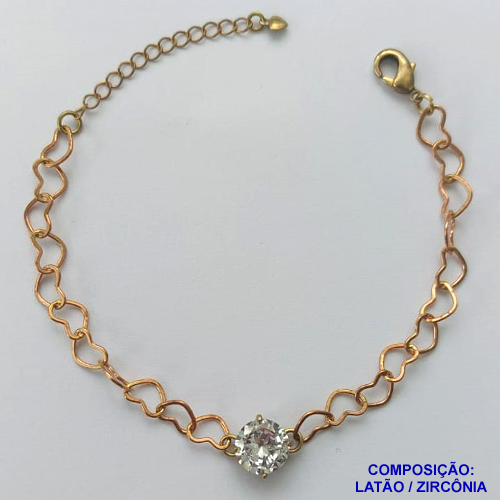 PULSEIRA NO BRUTO PRONTO PARA BANHO - PULSEIRA COM CORRENTE CORAÇÃO 6MM E PINGENTE EM ZIRCÔNIA CRISTAL 10MM COM BASE EM ALTA FUSÃO - TAMANHO: 18CM + EXTENSOR - PESO: 4,2GR -  BRU13717