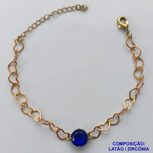 PULSEIRA NO BRUTO PRONTO PARA BANHO - PULSEIRA COM CORRENTE CORAÇÃO 6MM E PINGENTE EM ZIRCÔNIA AZUL ESCURA 10MM COM BASE EM ALTA FUSÃO - TAMANHO: 18CM + EXTENSOR - PESO: 4,2GR -  BRU13718