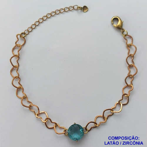 PULSEIRA NO BRUTO PRONTO PARA BANHO - PULSEIRA COM CORRENTE CORAÇÃO 6MM E PINGENTE EM ZIRCÔNIA AZUL CLARA 10MM COM BASE EM ALTA FUSÃO - TAMANHO: 18CM + EXTENSOR - PESO: 4,2GR -  BRU13720