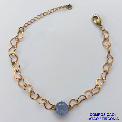 PULSEIRA NO BRUTO PRONTO PARA BANHO - PULSEIRA COM CORRENTE CORAÇÃO 6MM E PINGENTE EM ZIRCÔNIA LILÁS 10MM COM BASE EM ALTA FUSÃO - TAMANHO: 18CM + EXTENSOR - PESO: 4,2GR -  BRU13723