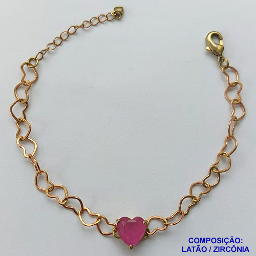 PULSEIRA NO BRUTO PRONTO PARA BANHO - PULSEIRA COM CORRENTE CORAÇÃO 6MM E PINGENTE EM ZIRCÔNIA CORAÇÃO ROSA 10MM COM BASE EM ALTA FUSÃO - TAMANHO: 18CM + EXTENSOR - PESO: 4,2GR -  BRU13724