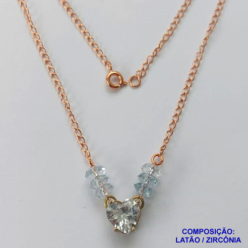 GARGANTILHA NO BRUTO PRONTO PARA BANHO(CX98) - GARGANTILHA COM PINGENTE EM ZIRCÔNIA CORAÇÃO CRISTAL 10MM E MIÇANGAS AZUIS COM BASE EM ALTA FUSÃO - TAMANHO: 45CM - PESO: 3,1GR -  BRU13725