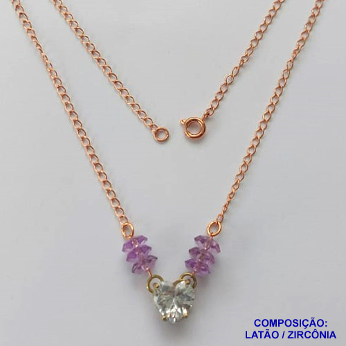 GARGANTILHA NO BRUTO PRONTO PARA BANHO(CX98)- GARGANTILHA COM PINGENTE EM ZIRCÔNIA CORAÇÃO CRISTAL 10MM COM BASE EM ALTA FUSÃO E MIÇANGAS LILÁS - TAMANHO: 45CM - PESO: 3,1GR -  BRU13726