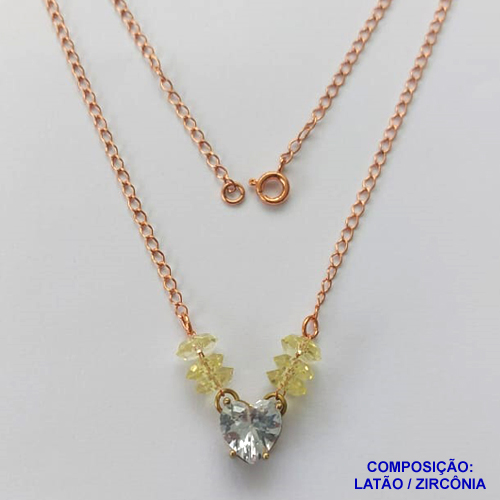 GARGANTILHA NO BRUTO PRONTO PARA BANHO(CX98)- GARGANTILHA COM PINGENTE EM ZIRCÔNIA CORAÇÃO CRISTAL 10MM COM BASE EM ALTA FUSÃO E MIÇANGAS AMARELAS - TAMANHO: 45CM - PESO: 3,1GR -  BRU13727