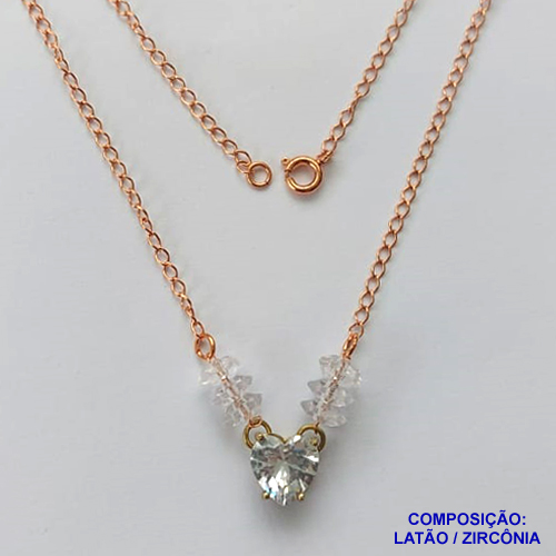 GARGANTILHA NO BRUTO PRONTO PARA BANHO(CX98) - GARGANTILHA COM PINGENTE EM ZIRCÔNIA CORAÇÃO CRISTAL 10MM COM BASE EM ALTA FUSÃO E MIÇANGAS CRISTAIS - TAMANHO: 45CM - PESO: 3,1GR -  BRU13728