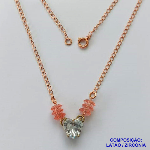 GARGANTILHA NO BRUTO PRONTO PARA BANHO(CX98) - GARGANTILHA COM PINGENTE EM ZIRCÔNIA CORAÇÃO CRISTAL 10MM COM BASE EM ALTA FUSÃO E MIÇANGAS ROSAS - TAMANHO: 45CM - PESO: 3,1GR -  BRU13729